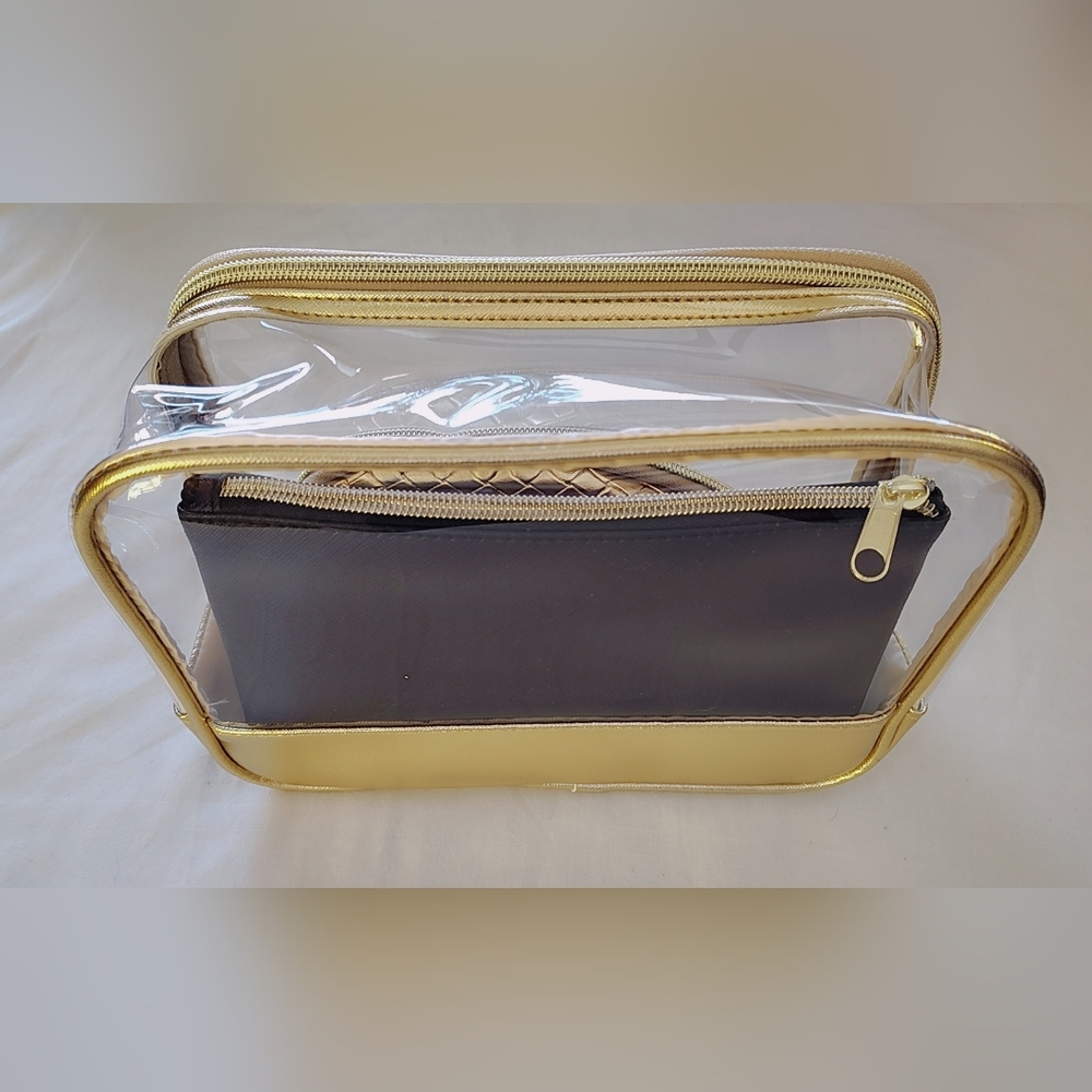 ✨ NWT 3-Piece Travel Cosmetic Bag Set – Gold, Black & Clear ✨ - Picture 6 of 8